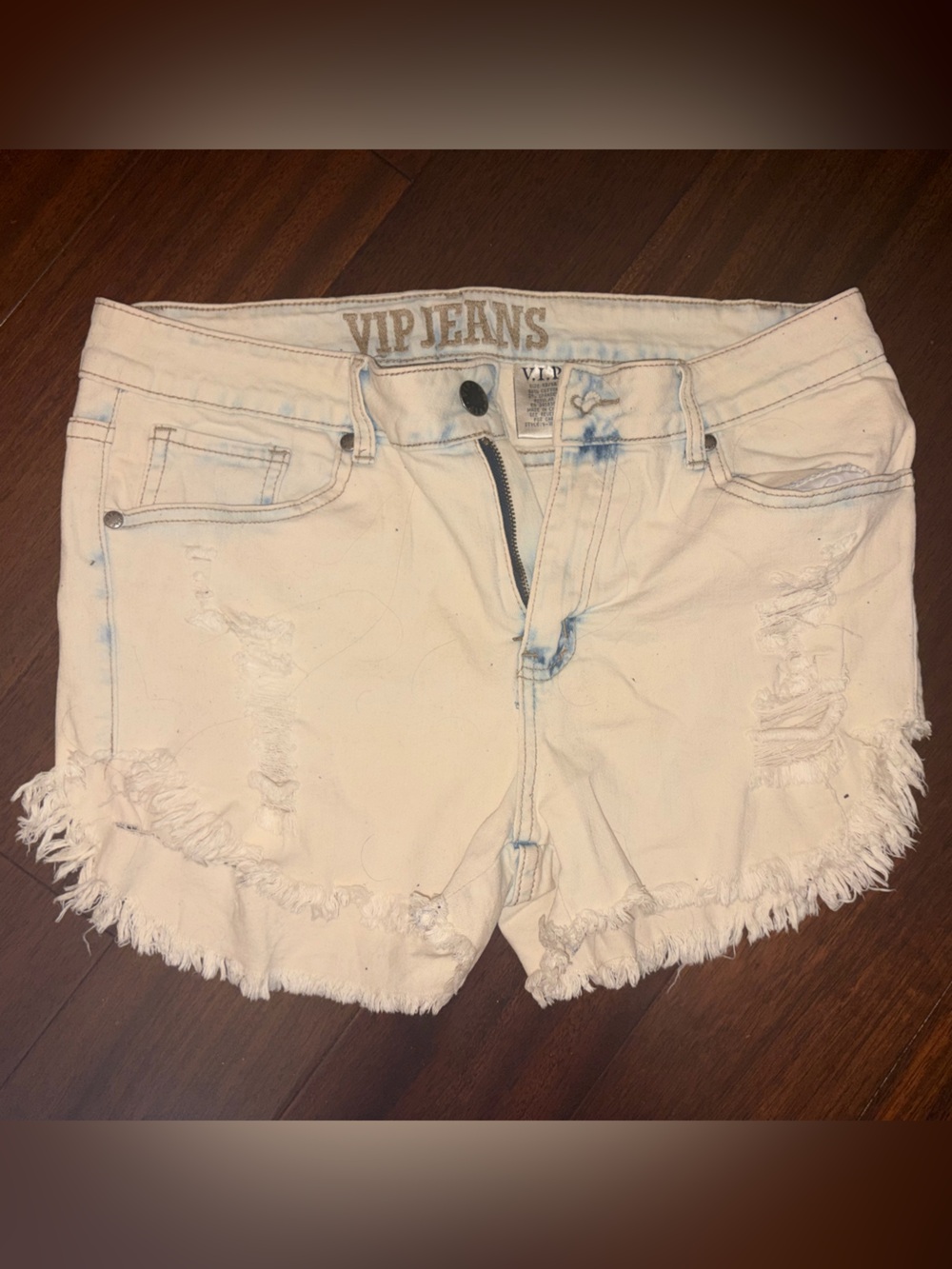 VIP White Distressed Denim Shorts with Blue Accent
